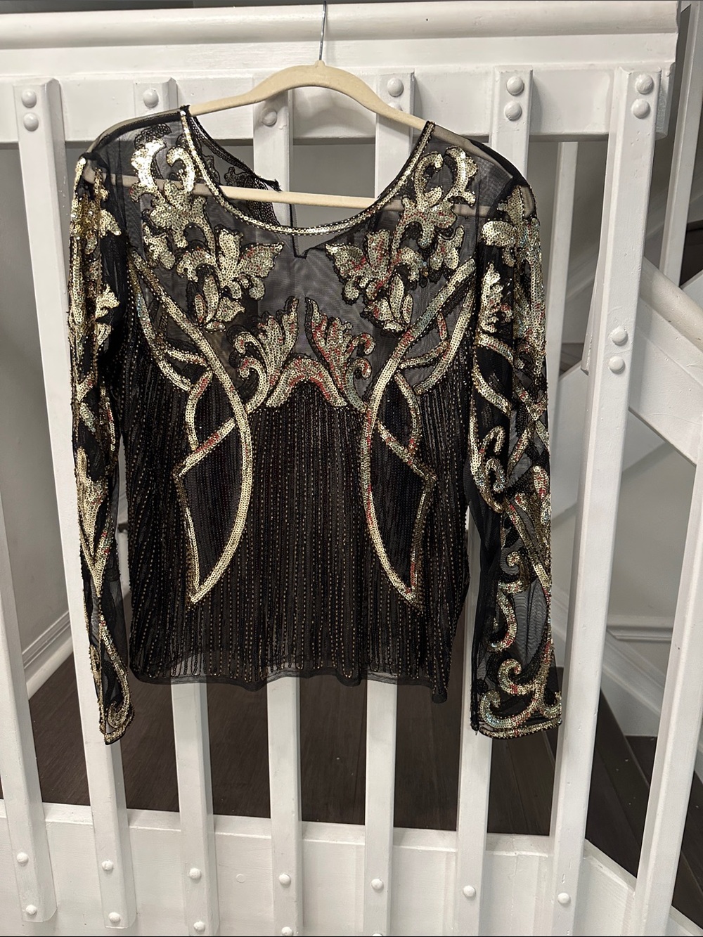 Pastels Black Sheer Beaded Blouse with Gold Embroidery
